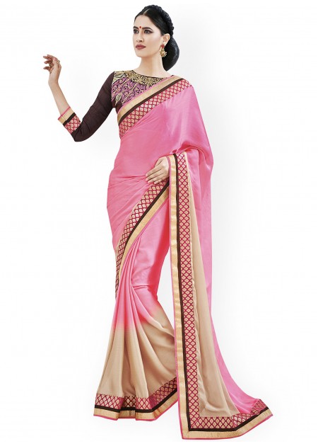 Indian Women Pink & Beige Satin & Chiffon Fashion Saree